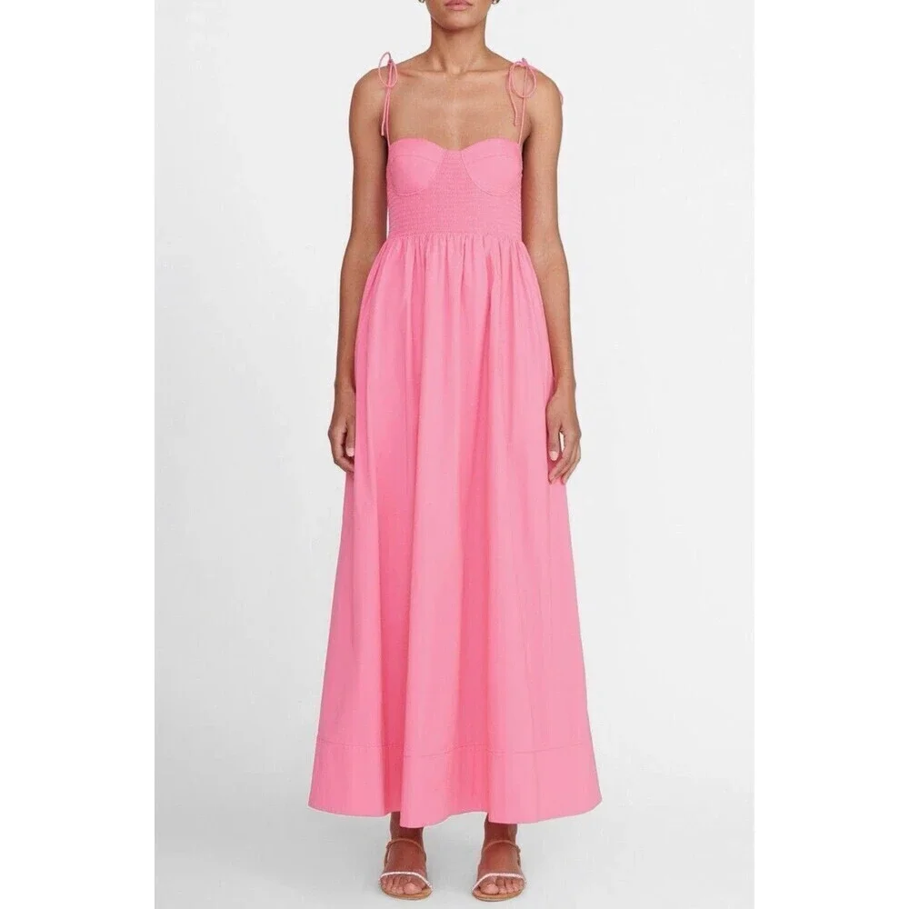 STAUD Landry Shoulder-Tie Smocked Maxi Dress L Wedding Guest Picnic Romantic